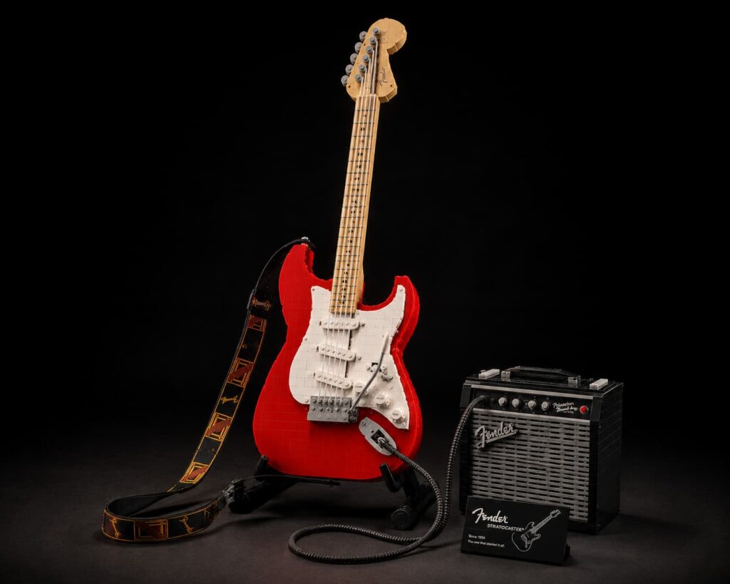"LEGO Icons Fender Stratocaster — a 1:1 scale guitar you actually build yourself"