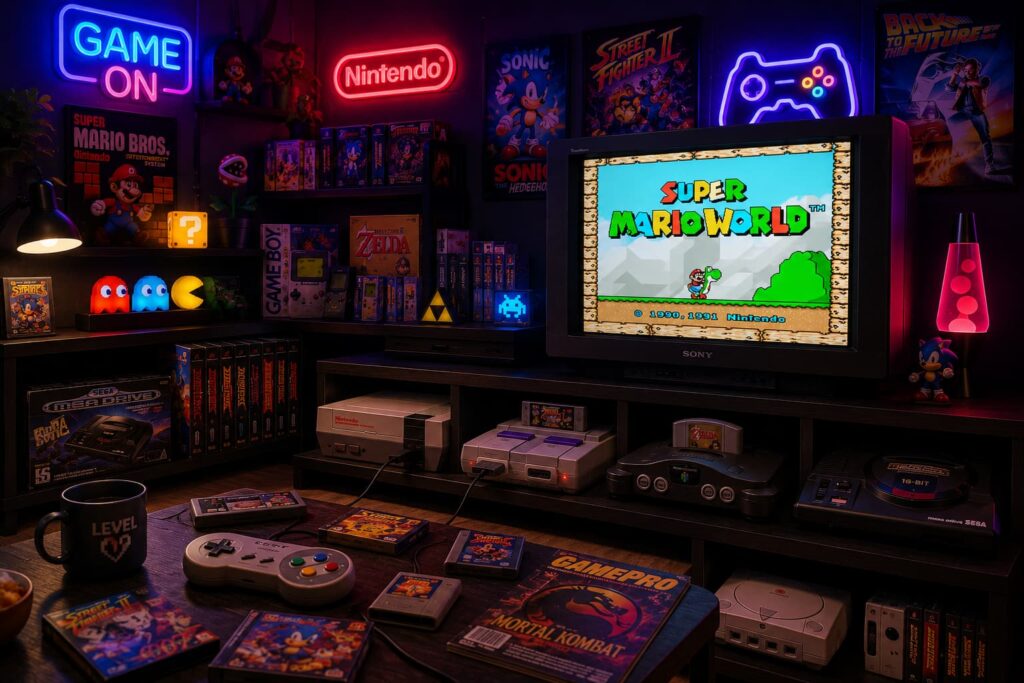 Retro gaming shelf setup — cartridges, consoles and pixel art LED display