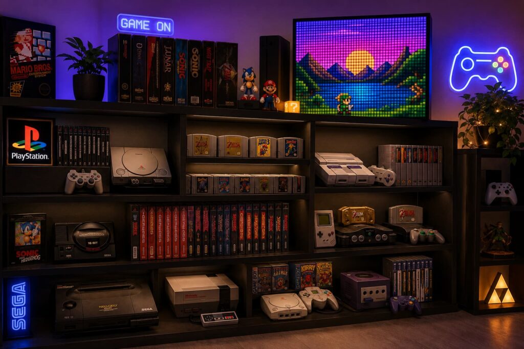 Alt:     Retro gaming setup in 2026 — consoles, controllers and ambient lighting