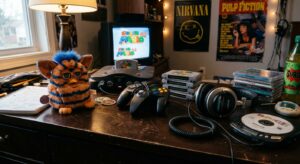 90s childhood memories — Tamagotchi, Game Boy, N64 controller and VHS tapes