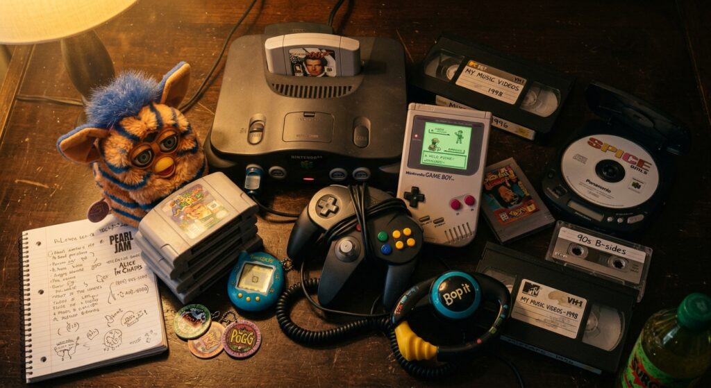 90s childhood memories collage — Game Boy, N64, Furby and Bop It
