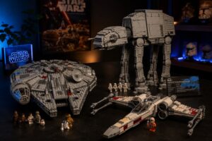 LEGO Star Wars sets collection — Millennium Falcon, X-Wing and AT-AT on display